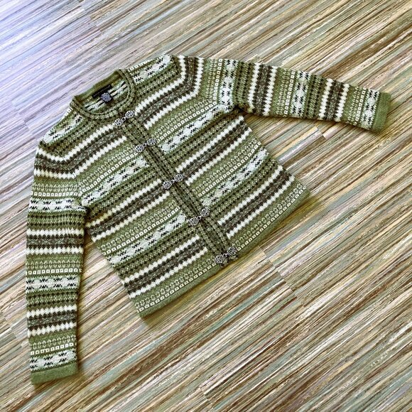 Sarah Spencer Fair Isle Cardigan Wool Sweater Metal Clasp 100% Lambswool Green - Picture 2 of 6